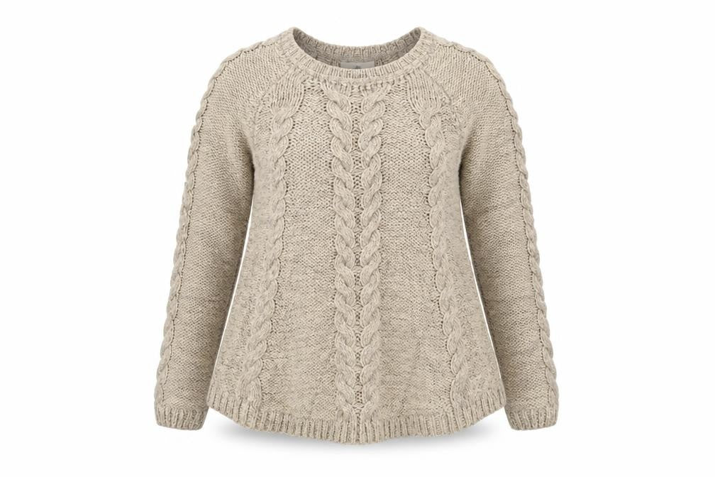 Front view of Papaya women’s beige round neck acrylic jumper, size UK 12