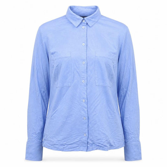 Front view of Marks & Spencer women’s blue viscose basic button-up, size UK 8, collared
