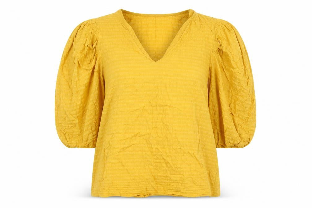 Front view of F&F women’s yellow cotton basic blouse, size UK 14, v-neck