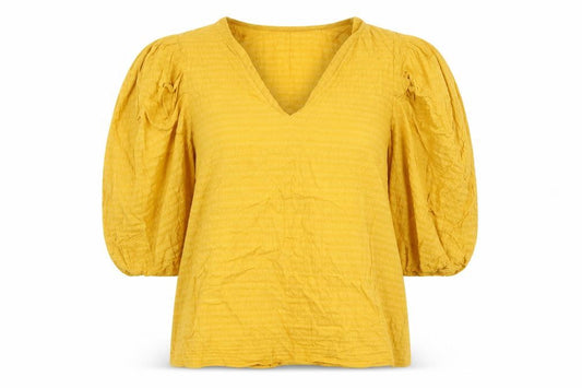 Front view of F&F women’s yellow cotton basic blouse, size UK 14, v-neck