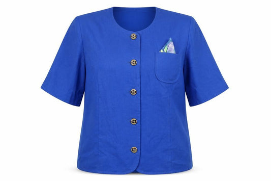 Front view of Gordon Wyatt women’s blue jacket blazer, size UK 16, button
