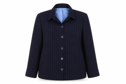 Front view of Essence women’s blue striped jacket blazer, size UK 18, button