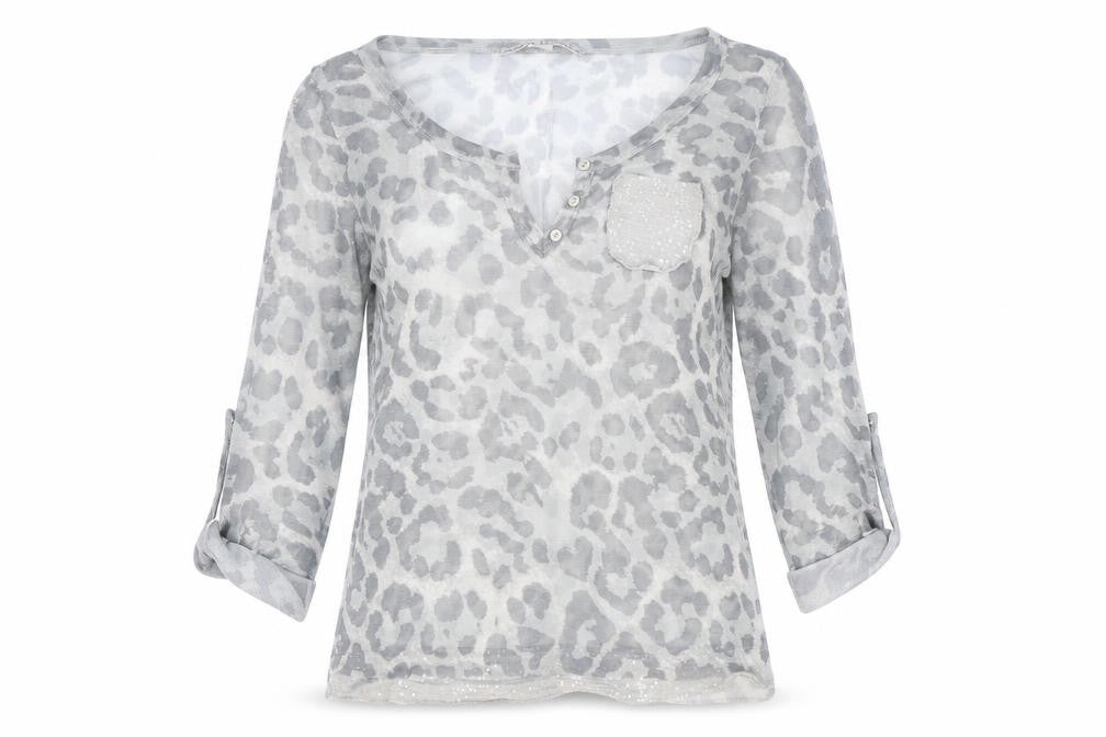 Front view of Ashley Brooke women’s grey animal print polyester basic blouse, size UK 8, v-neck - leopard print