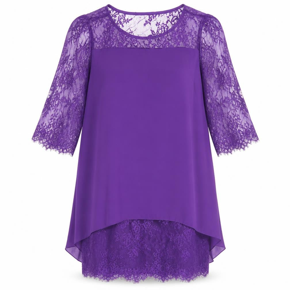 Front view of women’s purple polyester shift, size L, round neck pullover - layered lace