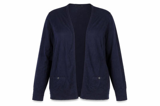 Front view of M&Co women’s blue v-neck viscose cardigan jumper, size UK 12