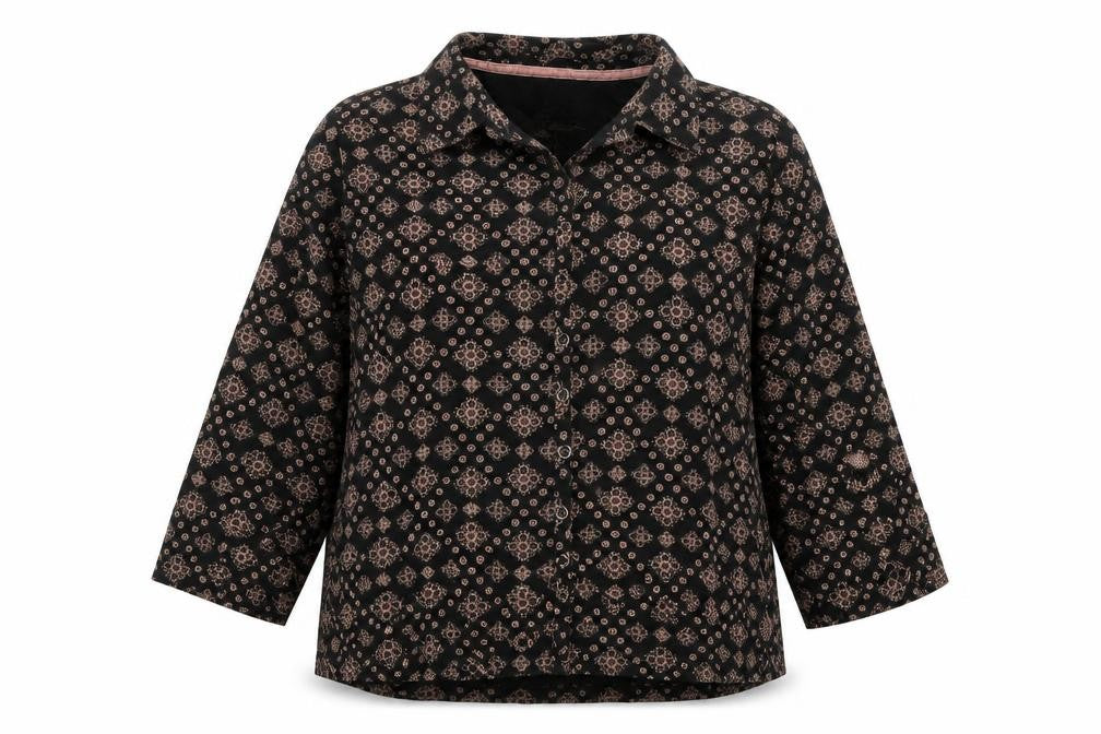 Front view of Dash women’s black geometric cotton basic button-up, size UK 16, collared