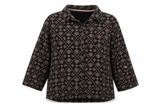 Front view of Dash women’s black geometric cotton basic button-up, size UK 16, collared