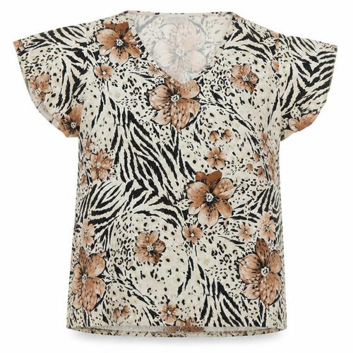 Bonmarché Womens Beige Animal Print Polyester Basic Blouse Size S V-Neck - Flowers Tiger Print