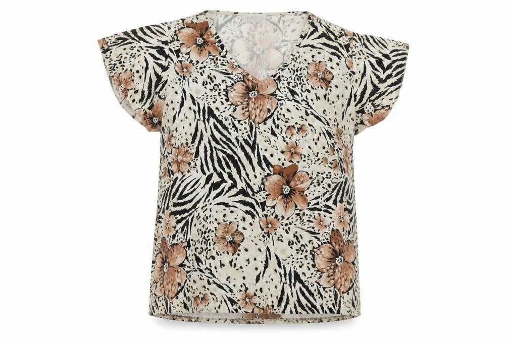 Bonmarché Womens Beige Animal Print Polyester Basic Blouse Size S V-Neck - Flowers Tiger Print