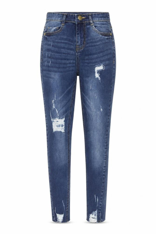 Front view of Boohoo women’s blue cotton mom jeans, size UK 8, 25.5-inch leg regular zip