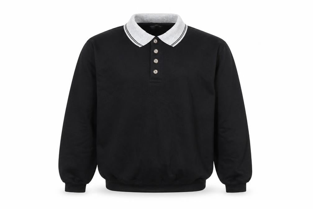 Front view of MC Classics men’s black polyester polo, size S, collared button