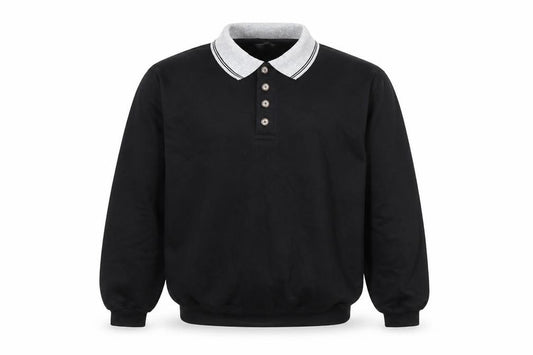 Front view of MC Classics men’s black polyester polo, size S, collared button