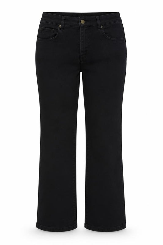 Front view of women’s black cotton bootcut jeans, size UK 32, in, 29-inch leg regular button