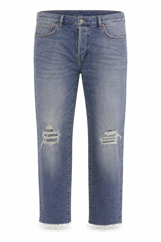 Front view of &denim men’s blue cotton straight jeans, size 36, in, 29-inch leg regular button