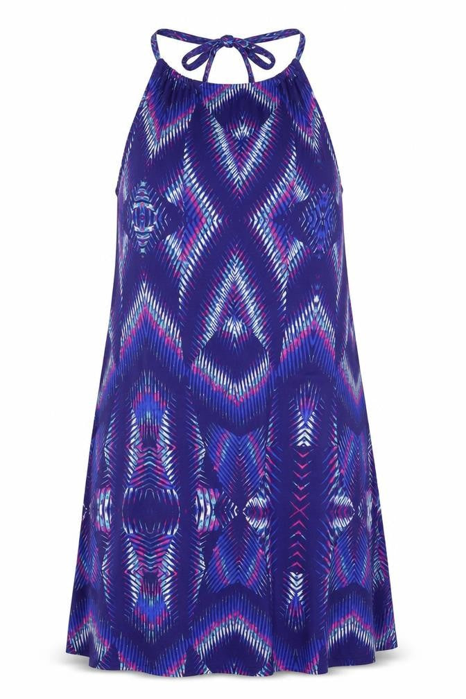 Kaleidoscope Womens Blue Geometric Polyester A-Line Size 14 Round Neck Tie