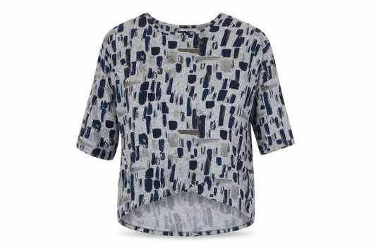 Front view of Viz A Viz women’s grey geometric polyester basic blouse, size UK 12, round neck