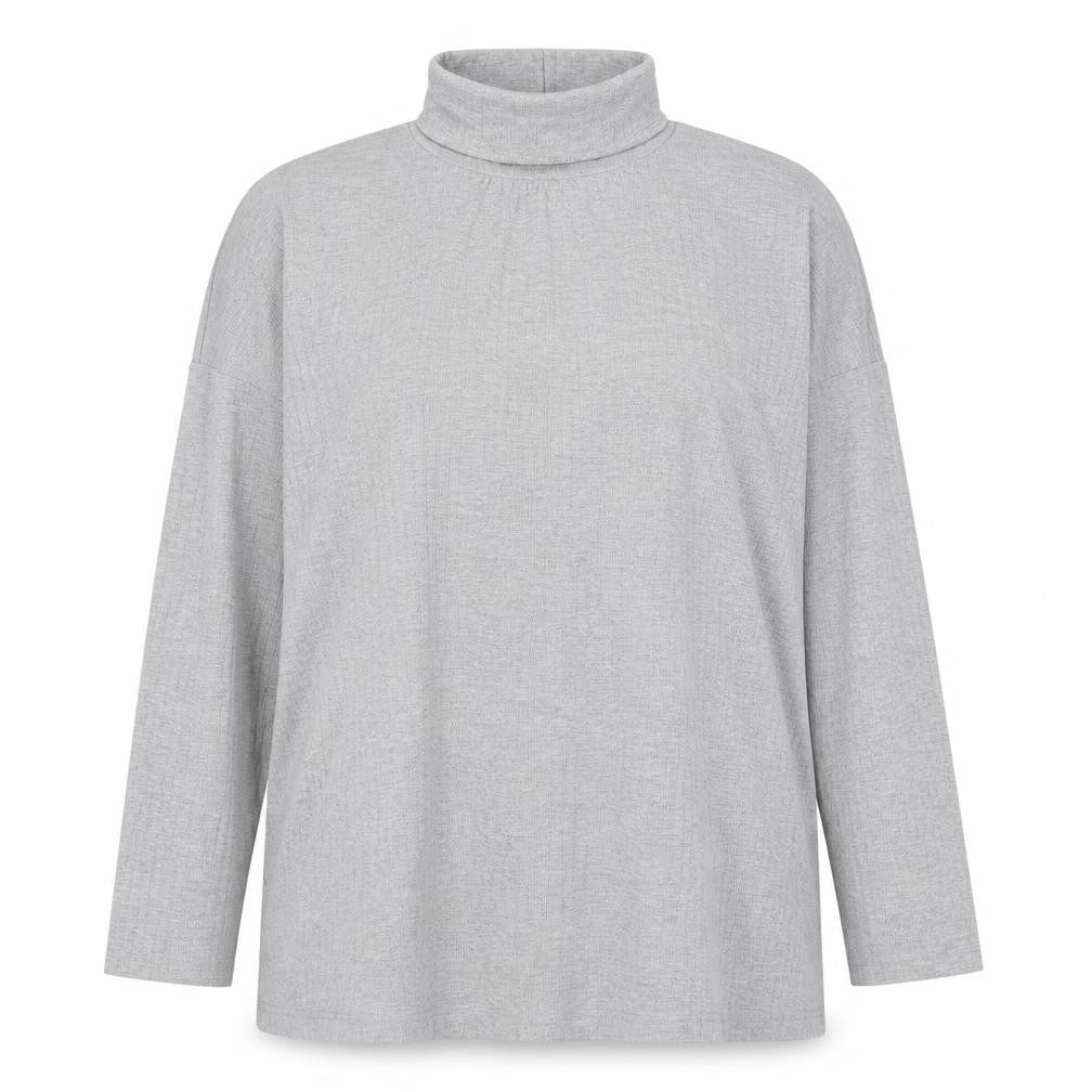 Front view of Boohoo women’s grey polyester basic t-shirt, size UK 12, roll neck - ribbed