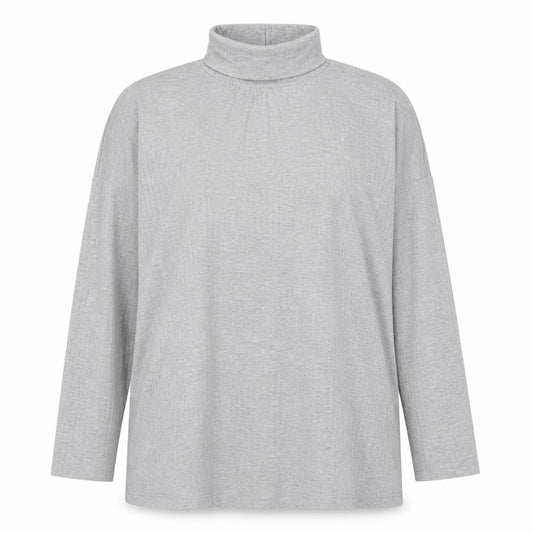 Front view of Boohoo women’s grey polyester basic t-shirt, size UK 12, roll neck - ribbed