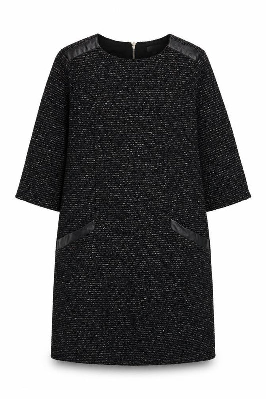 Front view of First Avenue women’s black polyester a-line, size XL, round neck zip - leather effect trims