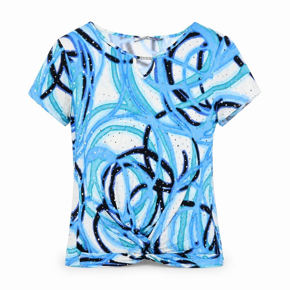 Front view of Autonomy women’s blue geometric polyester basic t-shirt, size UK 10, round neck - knot front