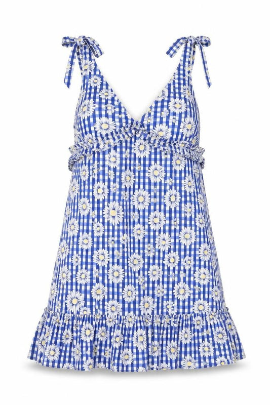 Front view of ASOS women’s blue geometric polyester pinafore/dungaree dress, size UK 12, v-neck tie