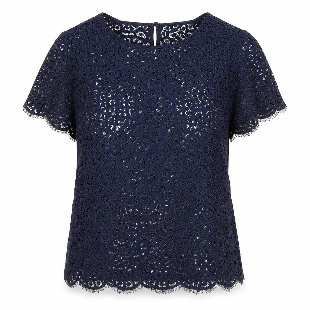 Front view of Autograph women’s blue polyamide basic t-shirt, size UK 12, round neck