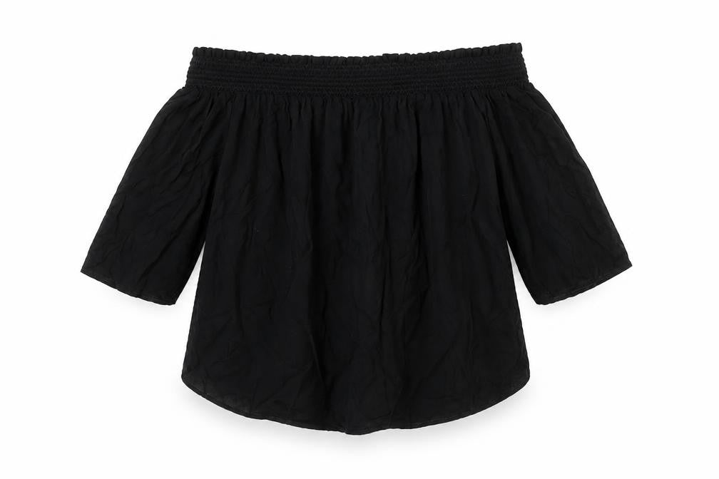 Front view of Monsoon women’s black viscose basic t-shirt, size UK 10, off the shoulder