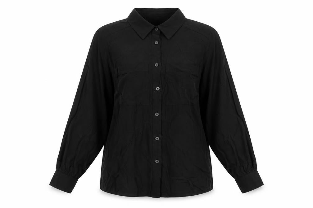 Front view of Marks & Spencer women’s black viscose basic button-up, size UK 6, collared