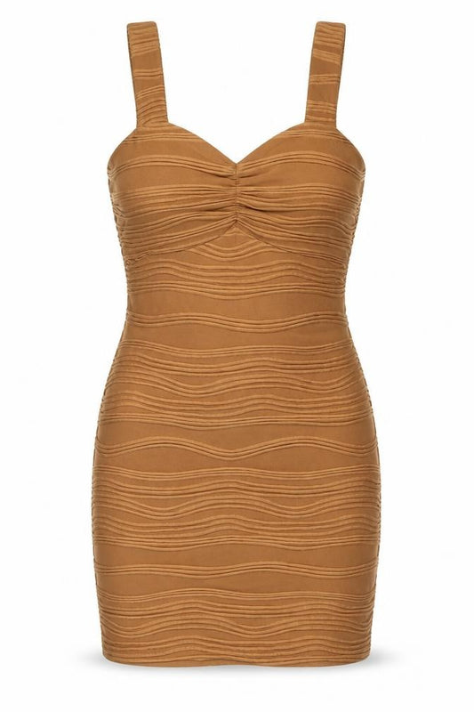 Front view of Primark women’s beige polyester bodycon, size UK 10, sweetheart pullover - textured