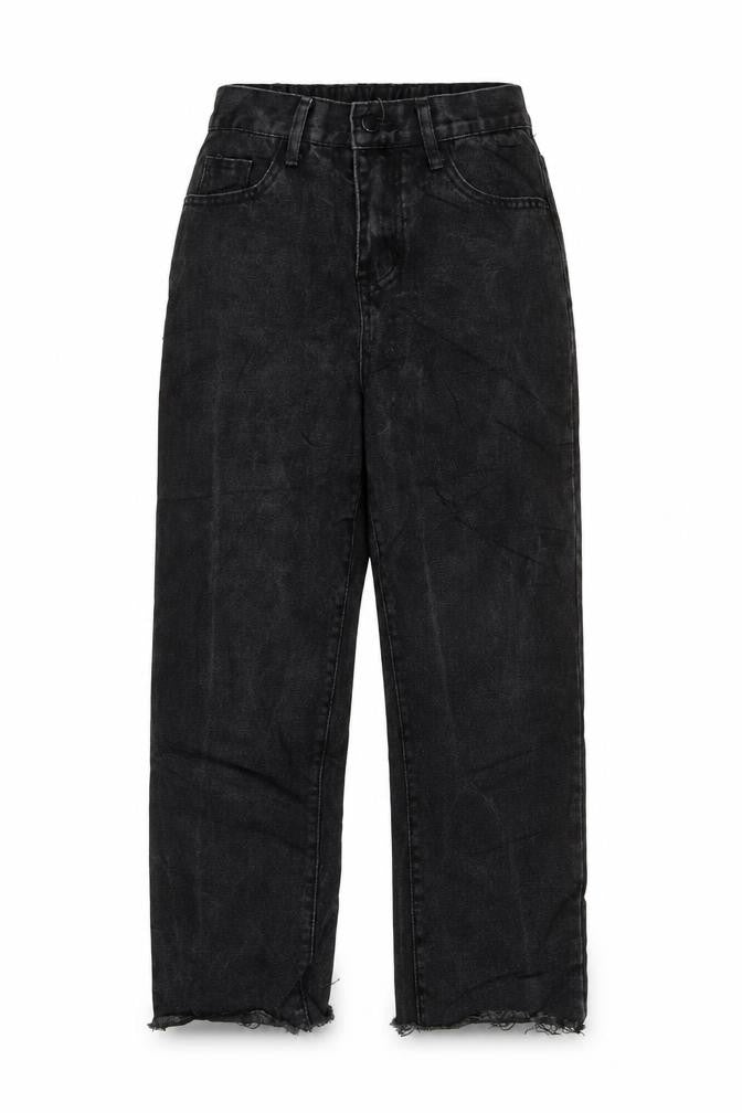 Front view of women’s black polyester mom jeans, size UK 8, 23-inch leg regular zip
