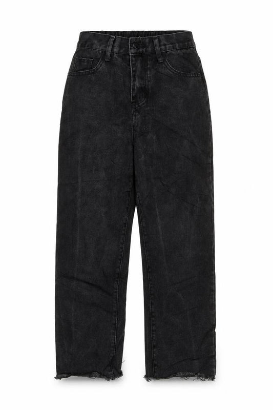 Front view of women’s black polyester mom jeans, size UK 8, 23-inch leg regular zip