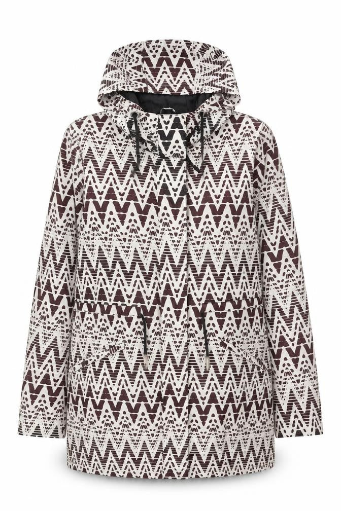 Front view of Peacocks women’s brown geometric rain coat coat, size UK 12, zip