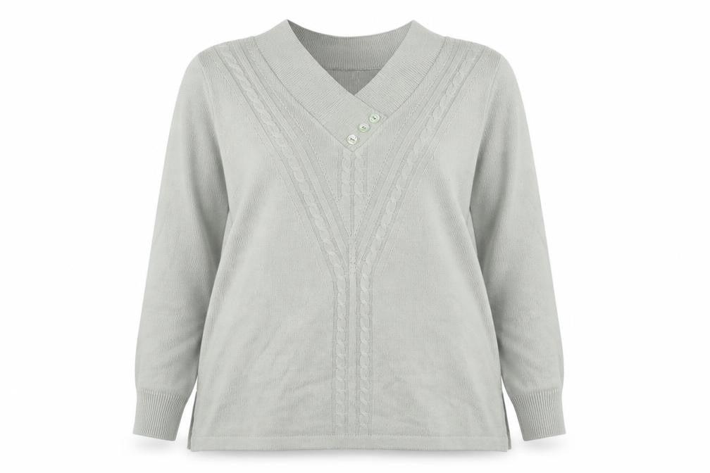 Front view of Afibel women’s green v-neck acrylic jumper, size UK 16