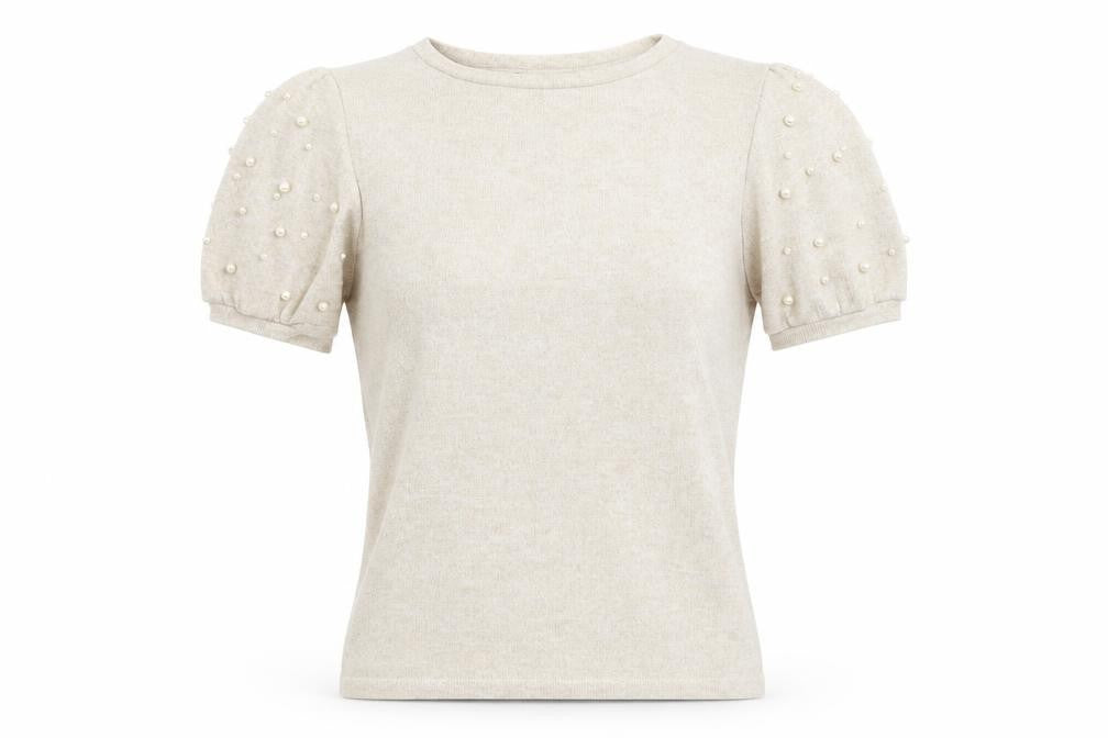 Front view of New Look women’s beige round neck viscose jumper, size UK 14