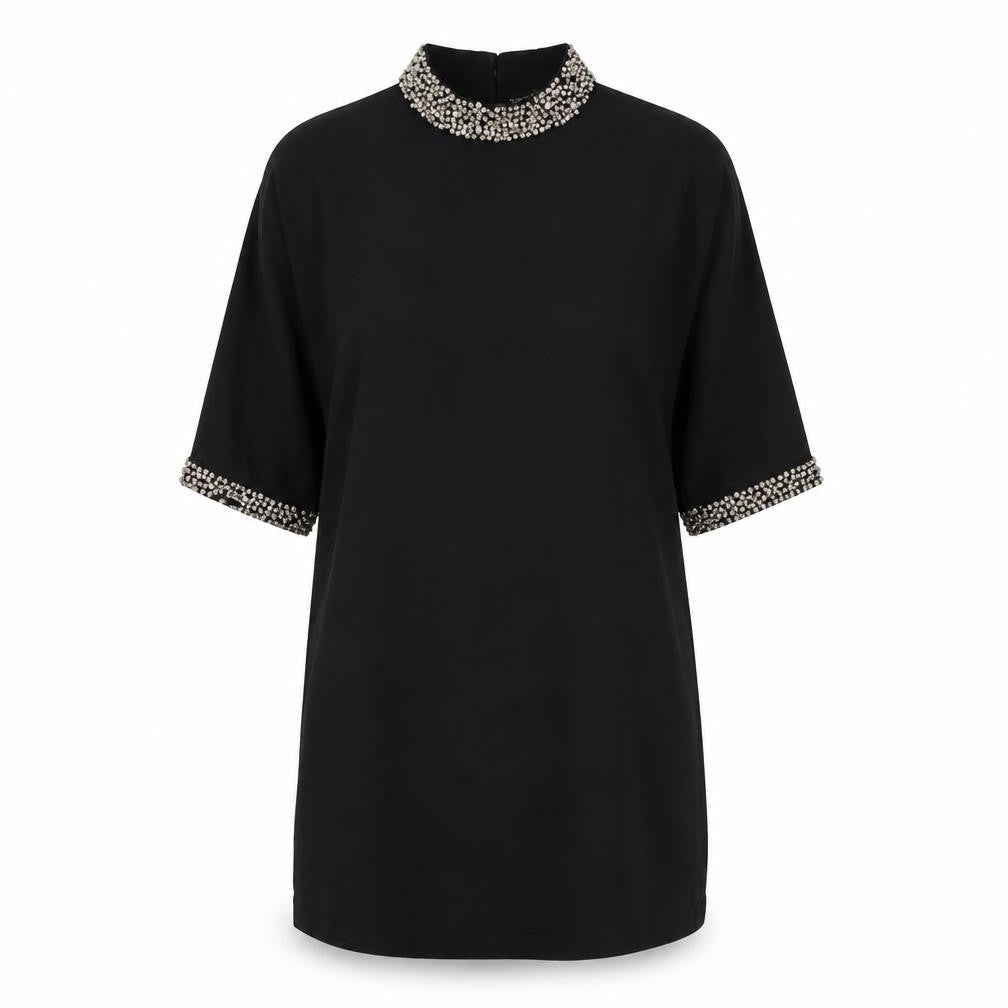 Front view of Phase Eight women’s black viscose shift, size M, round neck button