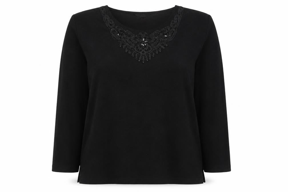 Front view of EWM women’s black round neck polyester jumper, size UK 18