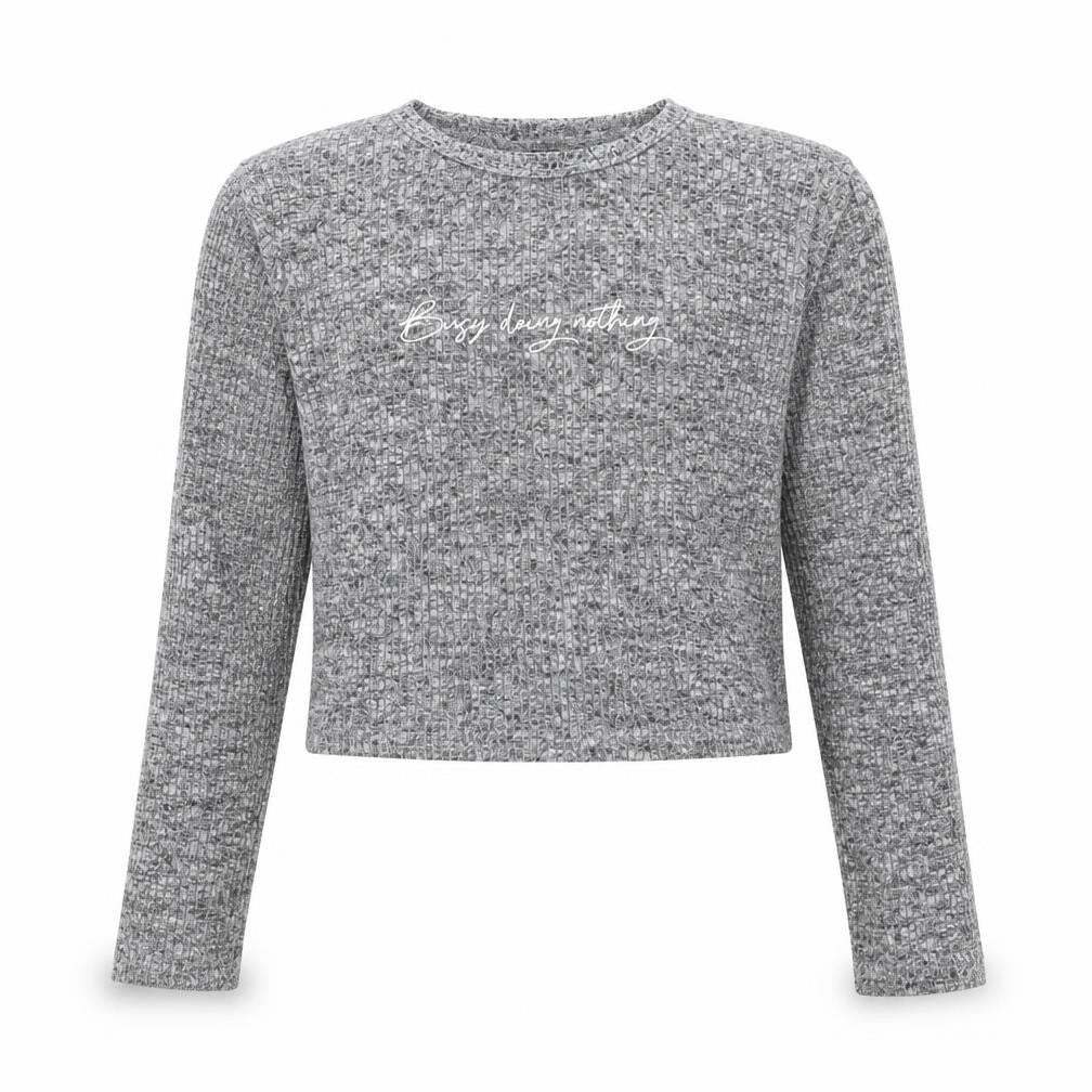 Front view of New Look girls’ grey round neck polyester jumper, size 12-13, years pullover - busy doing nothing