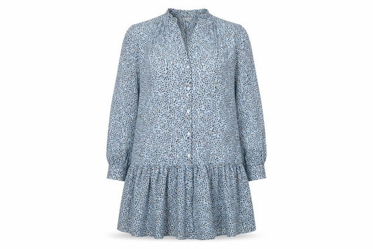 Front view of Papaya women’s blue animal print polyester a-line, size UK 10, v-neck button