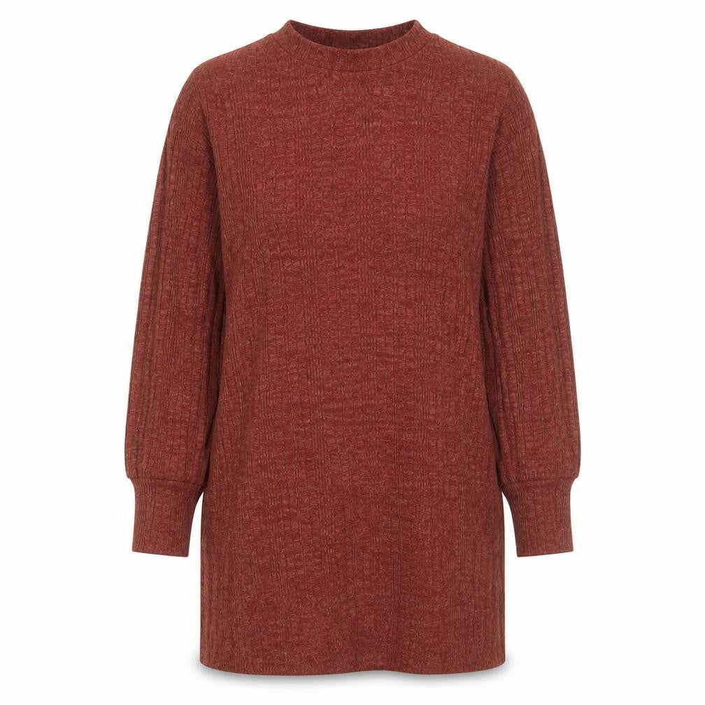 Front view of Topshop women’s brown crew neck polyester tunic jumper, size UK 10