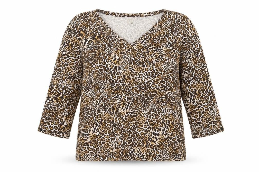Front view of Anne Klein women’s brown animal print polyester basic t-shirt, size L, v-neck