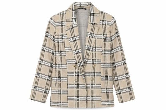 Front view of Quiz women’s beige plaid jacket blazer, size UK 12