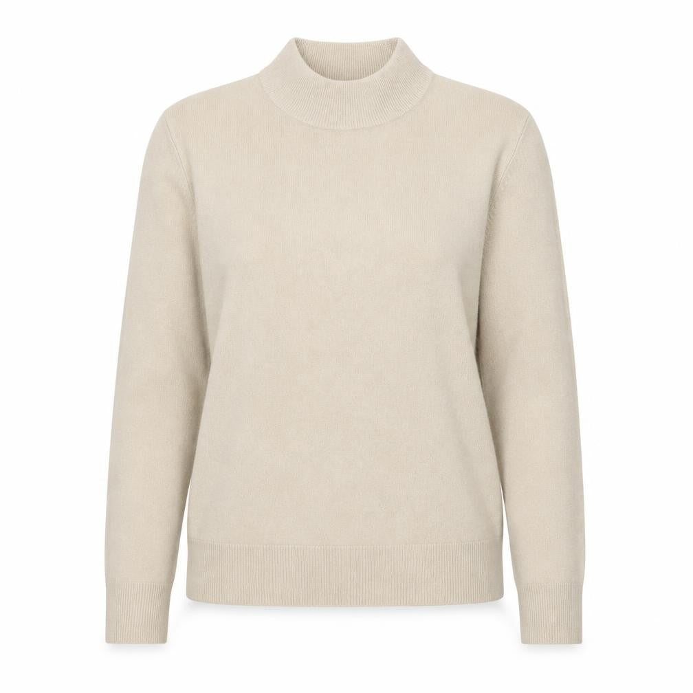 Front view of BHS women’s beige roll neck acrylic jumper, size UK 12