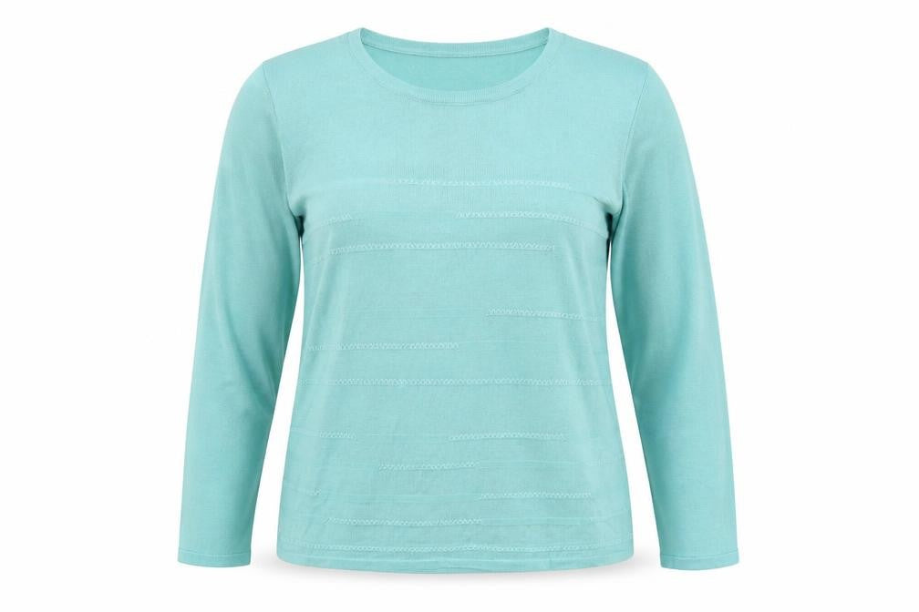 Front view of Classics women’s green round neck acrylic jumper, size M