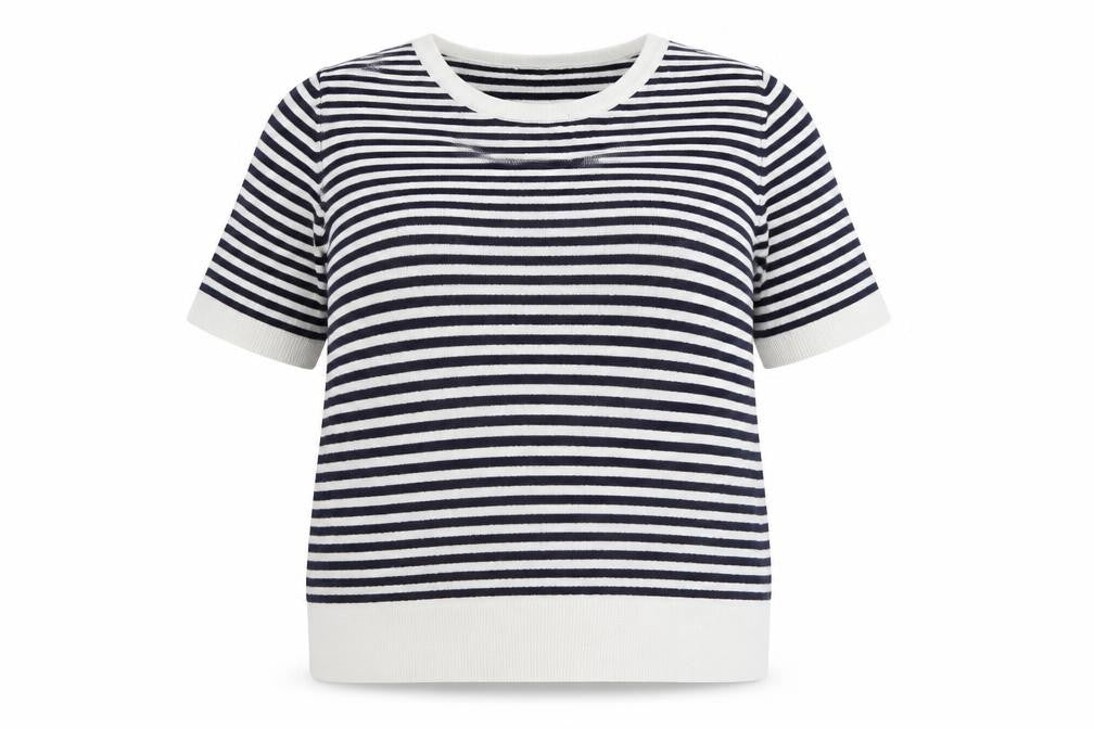 Front view of M&Co women’s black round neck striped viscose jumper, size UK 18