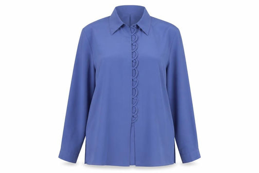 Front view of Preworn women’s blue polyester basic button-up, size UK 16, collared
