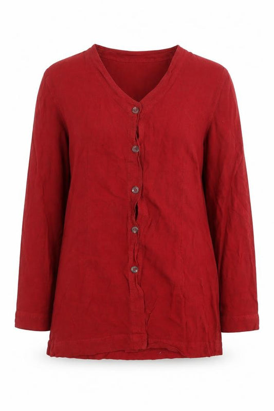 Front view of OffShoot women’s red viscose basic button-up, size S, v-neck