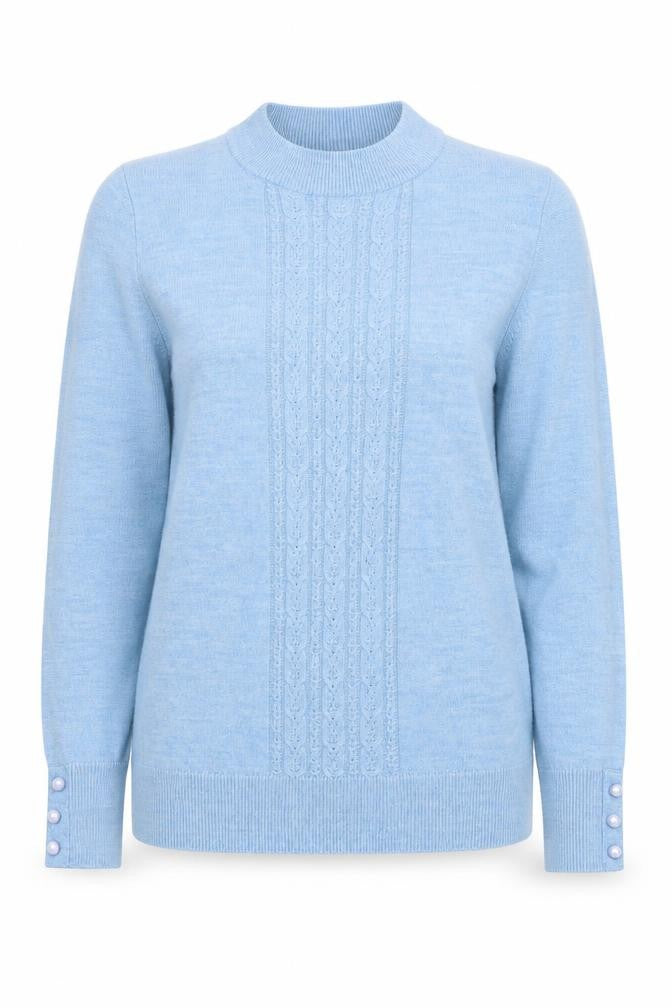 Front view of EWM women’s blue round neck acrylic jumper, size S