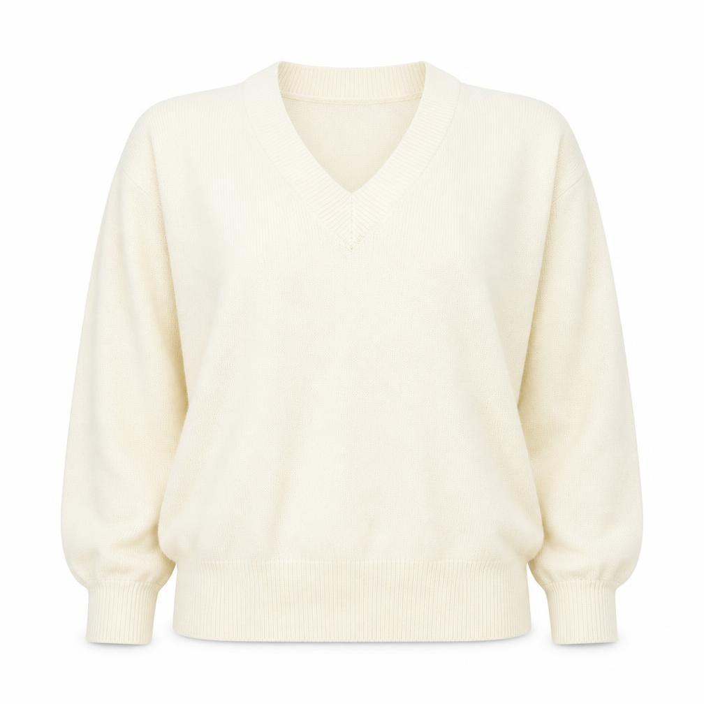 Front view of EMERY women’s ivory v-neck polyester jumper, size M