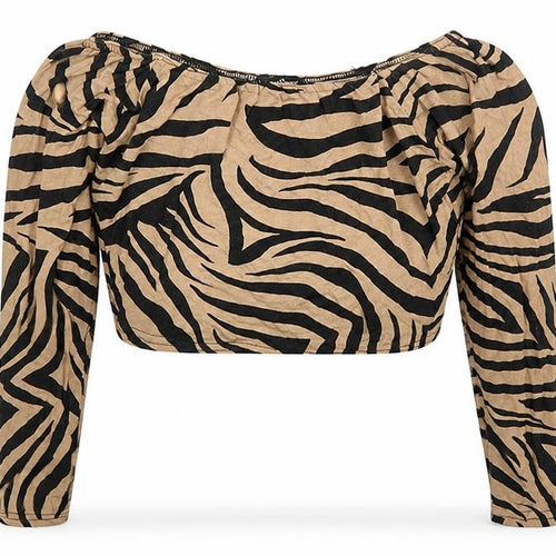 I SAW IT FIRST Womens Brown Animal Print Viscose Cropped Blouse Size 12 Off the Shoulder - Zebra Print