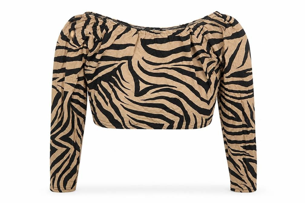 I SAW IT FIRST Womens Brown Animal Print Viscose Cropped Blouse Size 12 Off the Shoulder - Zebra Print